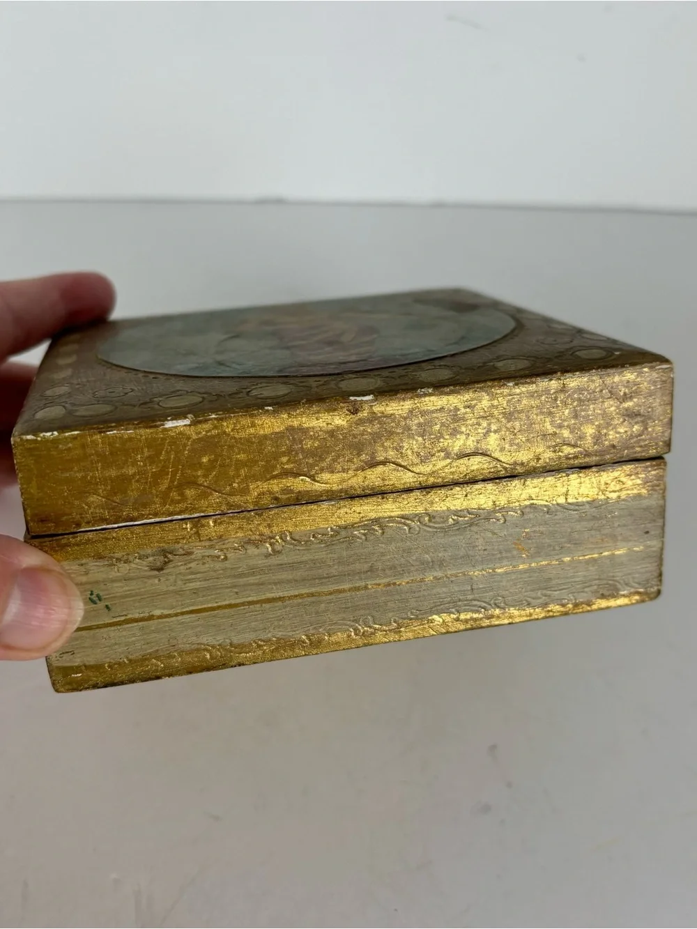 Vintage Italian Florentine Gold Gilded-Hinged Wooden Trinket Box-A Della Robbia